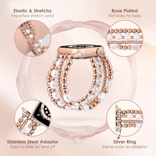 AIRSPO Gold Beaded Bracelets Compatible for Apple Watch Band 38mm 40mm 41mm 42mm 44mm 45mm Women, Fashion Handmade Dressy iPhone Watch Bands Elastic Strap for iWatch Series SE 8 7 6 5 4 3 2 1 (Rose Gold, 42mm/44mm/45mm-S(5.3"-6.2")) - Image 5