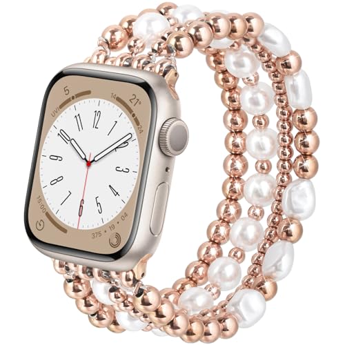AIRSPO Gold Beaded Bracelets Compatible for Apple Watch Band 38mm 40mm 41mm 42mm 44mm 45mm Women, Fashion Handmade Dressy iPhone Watch Bands Elastic Strap for iWatch Series SE 8 7 6 5 4 3 2 1 (Rose Gold, 42mm/44mm/45mm-S(5.3"-6.2")) - Image 1