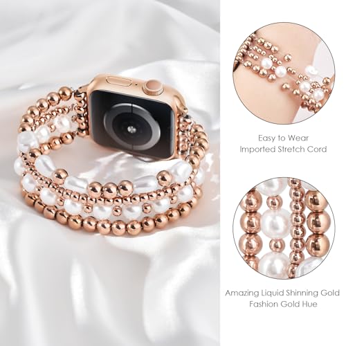AIRSPO Gold Beaded Bracelets Compatible for Apple Watch Band 38mm 40mm 41mm 42mm 44mm 45mm Women, Fashion Handmade Dressy iPhone Watch Bands Elastic Strap for iWatch Series SE 8 7 6 5 4 3 2 1 (Rose Gold, 42mm/44mm/45mm-S(5.3"-6.2")) - Image 2