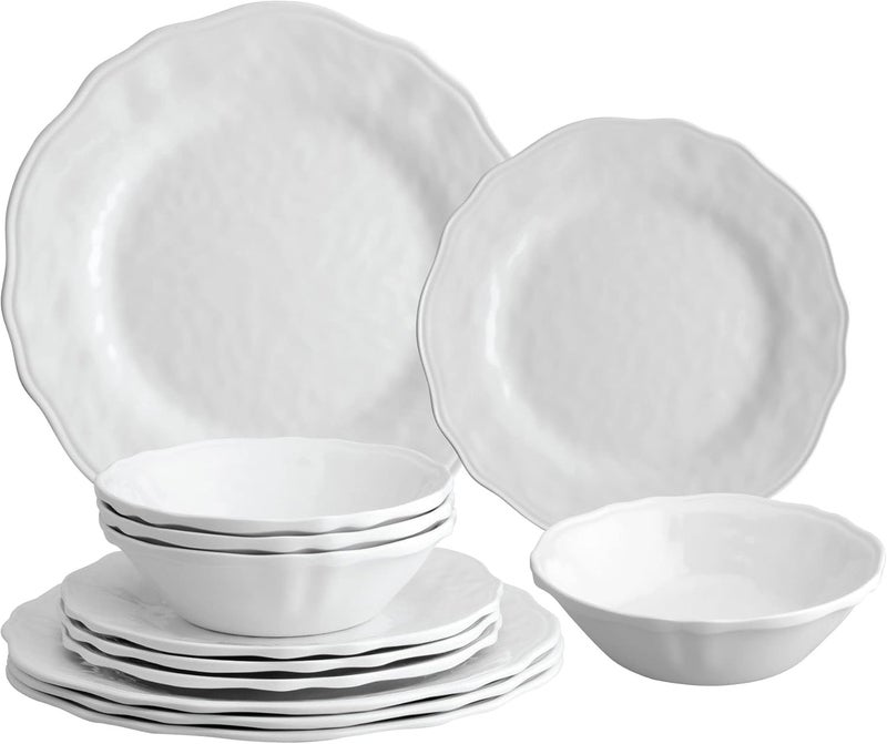 UP طقم أطباق ديمبل ميلامين 12 قطعة من UPware للخارجية، أطباق وأوعية لخدمة 4 أشخاص باللون الأبيض - Image 1