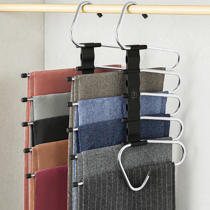 MORALVE Pants Hangers Space Saving 2 Pack NonSlip MultiLayer Space Saving Hangers Multifunctional Clothing Rack for Closet Storage Ideal for Jeans Trousers Skirts Scarves Slacks Black