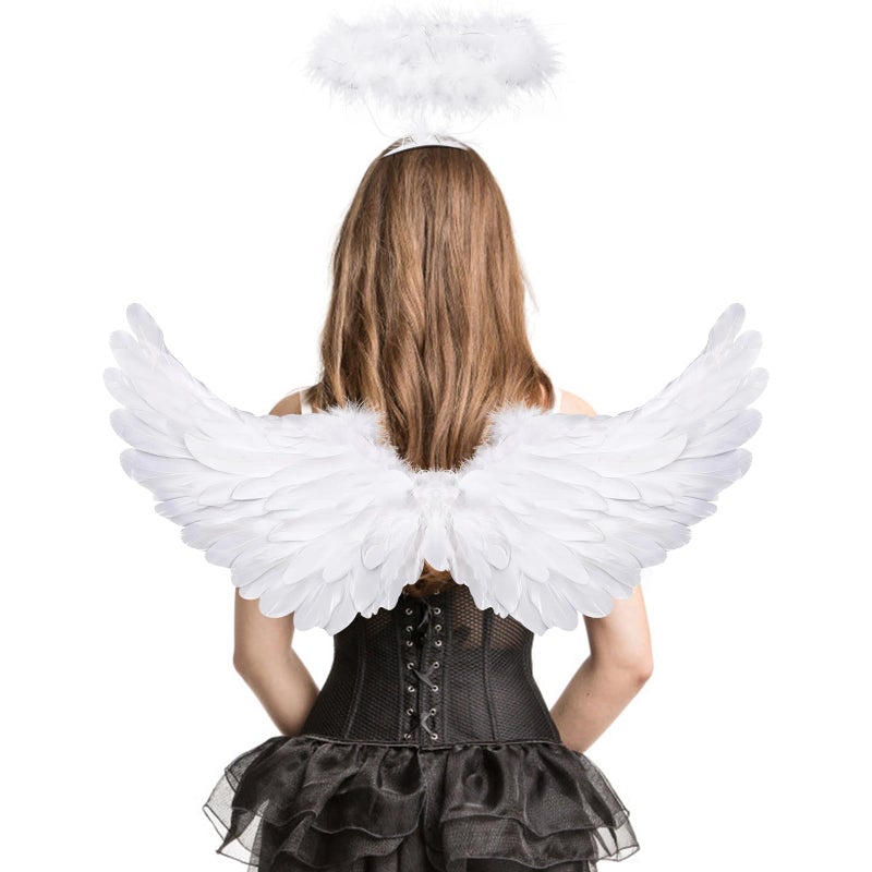 REVICOAR Angel Wings, Feather Angel Wings and Halo, White Angel Wings Costume for Adult Kids Women Girls Halloween - Image 1