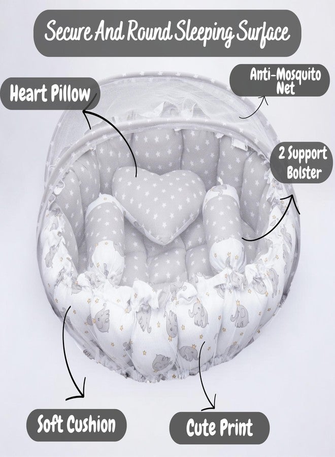 VOIDROP Baby Round Bed with Mosquito Net - Soft Plush Newborn Infant Crib Nest - Portable Baby Bassinet for Sleeping & Playing - Blue Elephant Pattern Cushion & Star Pillow (Grey) - Image 3