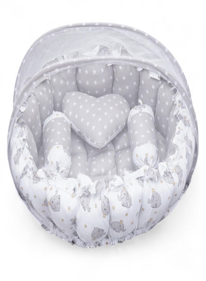 VOIDROP Baby Round Bed with Mosquito Net - Soft Plush Newborn Infant Crib Nest - Portable Baby Bassinet for Sleeping & Playing - Blue Elephant Pattern Cushion & Star Pillow (Grey) - Image 1