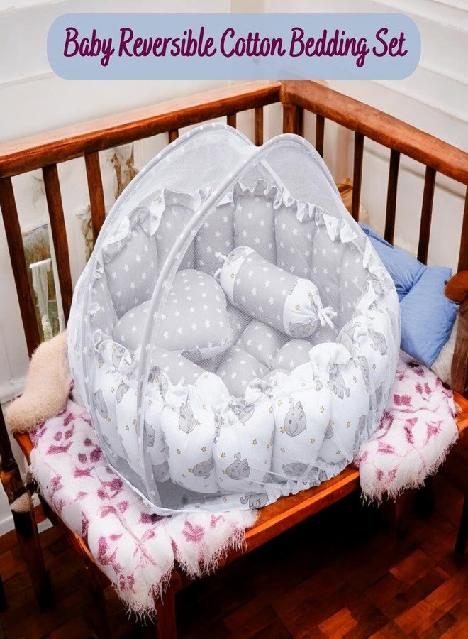 VOIDROP Baby Round Bed with Mosquito Net - Soft Plush Newborn Infant Crib Nest - Portable Baby Bassinet for Sleeping & Playing - Blue Elephant Pattern Cushion & Star Pillow (Grey) - Image 2