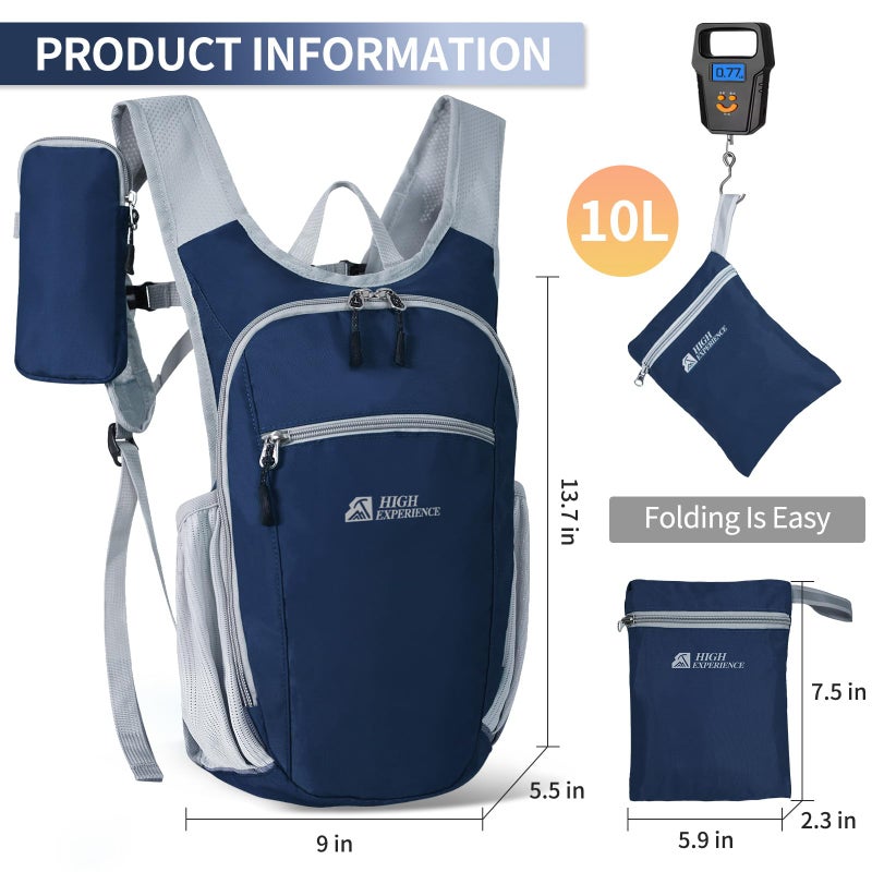 HIGH EXPERIENCE Hiking Backpack 10L/15L Small Daypack Lightweight Packable Travel Foldable Water Resistan for Women Men (Navy Blue, 10L) - Image 3