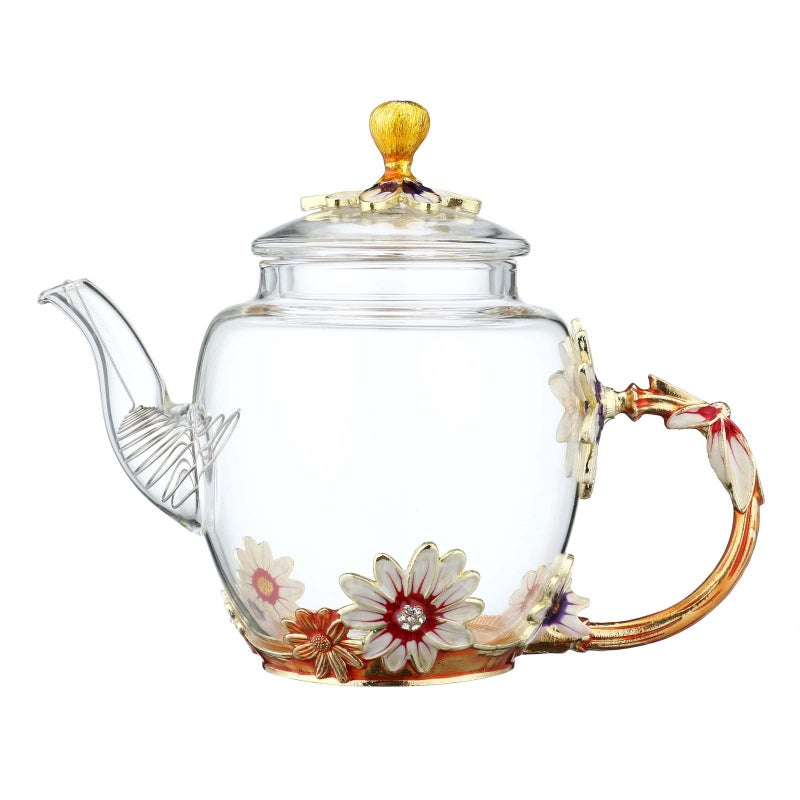 XUDREZ Teabloom Teapot Glass Blooming Tea Teapot for Women Blue Rose Floral Glass Teabloom Teapot with Gold for Mom Friend Christmas Birthday Anniversary 244472in 1015oz300ml Deep coffee color