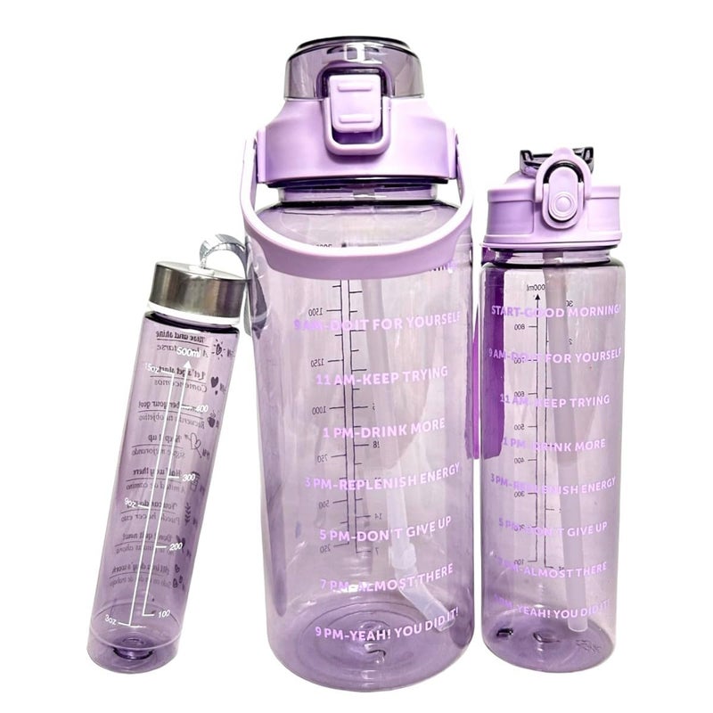 TECHNOWAYS SOLUTION Transparent Set of 3 Large Capacity BPA Free Motivational Sports Water Bottle with Water Level Measurement - Image 1