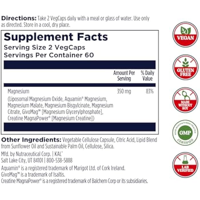 KAL Magnesium Complex 7 - Total Complex with Magnesium Glycinate, Citrate, Malate and More - Relaxation and Whole Body Support Supplements - Vegan, 60-Day Guarantee - 60 Servings - 120 VegCaps - Image 2