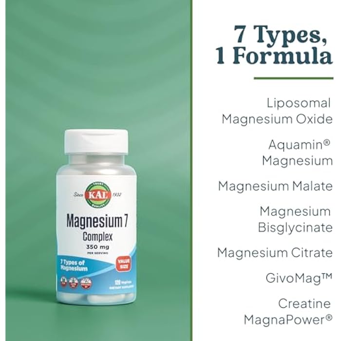 KAL Magnesium Complex 7 - Total Complex with Magnesium Glycinate, Citrate, Malate and More - Relaxation and Whole Body Support Supplements - Vegan, 60-Day Guarantee - 60 Servings - 120 VegCaps - Image 3