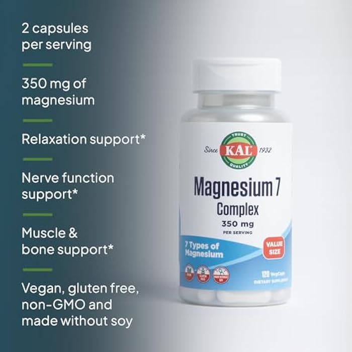 KAL Magnesium Complex 7 - Total Complex with Magnesium Glycinate, Citrate, Malate and More - Relaxation and Whole Body Support Supplements - Vegan, 60-Day Guarantee - 60 Servings - 120 VegCaps - Image 4