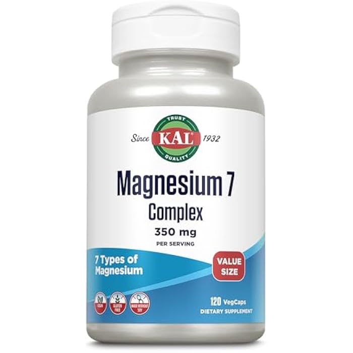 KAL Magnesium Complex 7 - Total Complex with Magnesium Glycinate, Citrate, Malate and More - Relaxation and Whole Body Support Supplements - Vegan, 60-Day Guarantee - 60 Servings - 120 VegCaps - Image 1