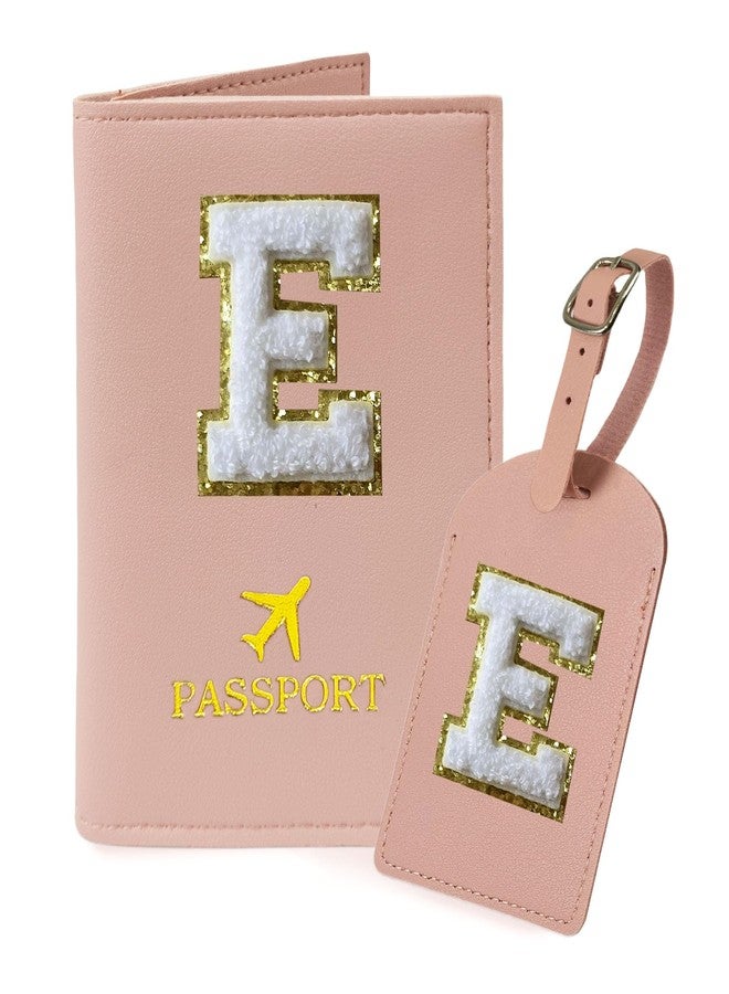 COSHAYSOO Passport Cover and Luggage Tag Set with Her Initial Chenille Letter Patch for Big Little Girls Sister Daughter, Kawaii Travel Bag Backpack Suitcase Identifier Pink E - Image 1