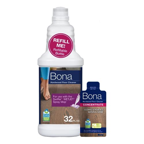 Bona Hardwood Floor Cleaner Bottle for use with Swiffer WETJET Spray Mop, makes 64 Fl Oz - Includes Filled Bottle + Concentrate Refill for Wood Floor Cleaning - Image 1
