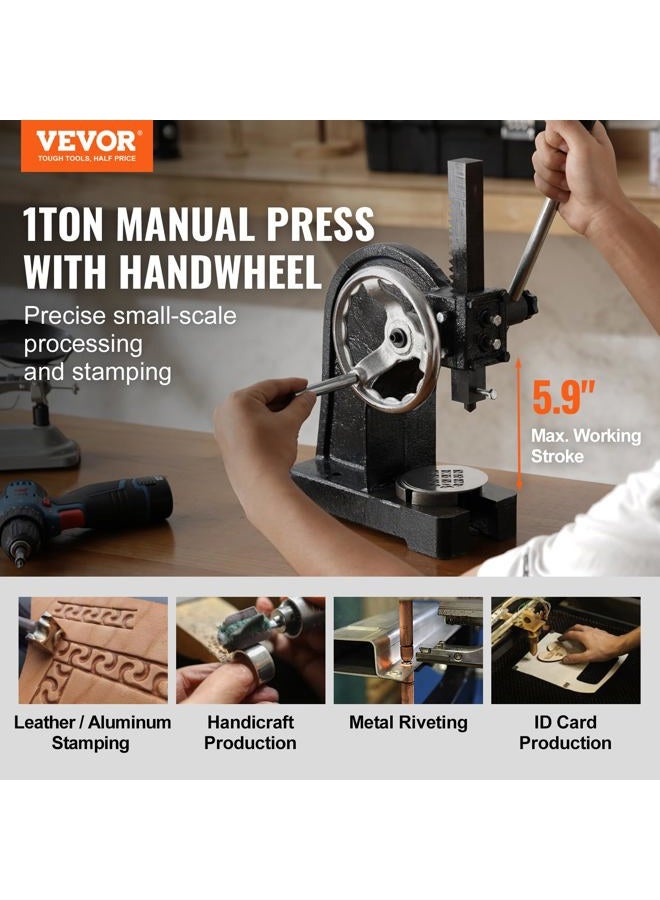 VEVOR Arbor Press, 1 Ton Manual Arbor Press with Handwheel, 5.9" Maximum Height, Cast Iron Heavy-duty Manual Desktop Arbor Press, Precision Hand Press for Stamping, Bending, Stretching, Forming - Image 2