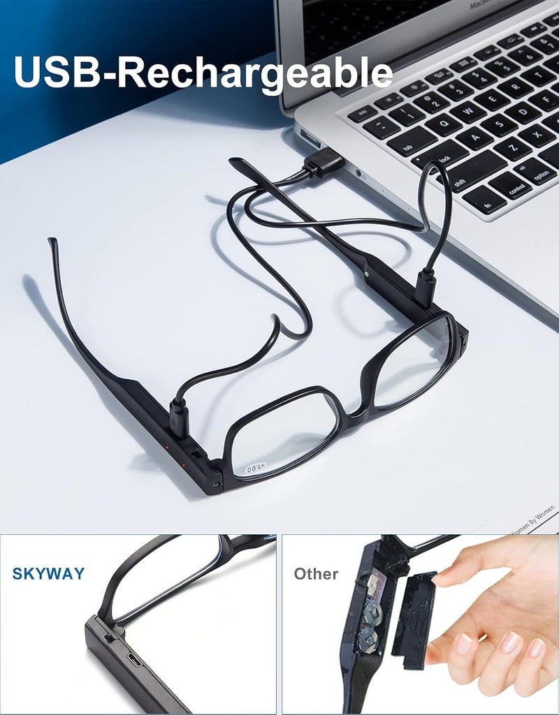Skyway نظارات قراءة SKYWAY مع أضواء، نظارات حجب الضوء الأزرق للكمبيوتر للنساء والرجال، قابلة لإعادة الشحن عبر USB، نظارات مضادة للتوهج، حماية من الأشعة فوق البنفسجية، سوداء 3.0 - Image 4