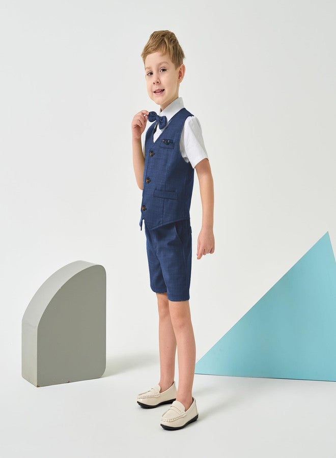 Volunboy Toddler Boys Summmer Suits 4Pcs White Dress Shirt Bowtie Vest Wedding Ring Bearer Gentleman Shorts Set (Navy, 4-5T) - Image 3