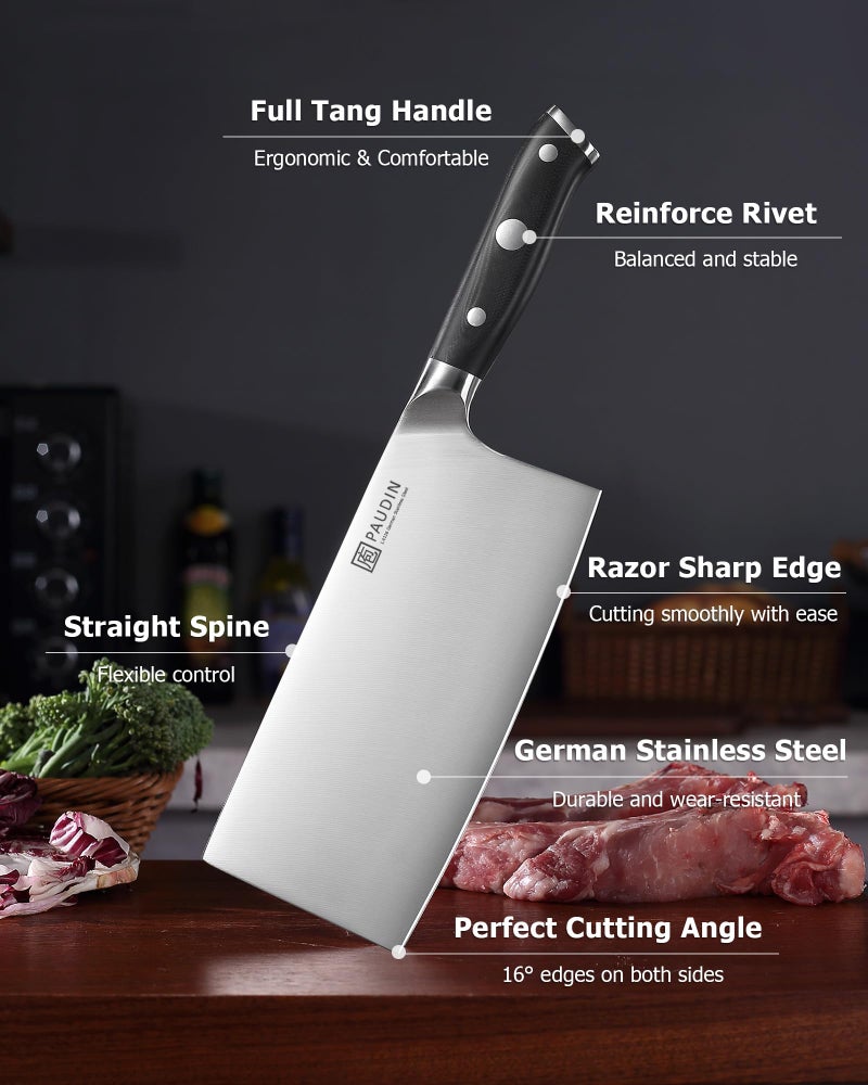 PAUDIN Cleaver Knife 7 inch Meat Cleaver, High Carbon German Steel Heavy Duty Chinese Chef Knife with G10 Handle, Full Tang Butcher Knives - Image 2