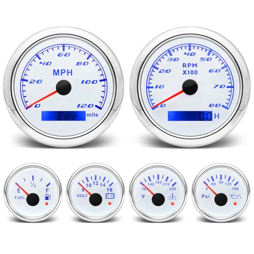 ARTILAURA 6 Gauge Set 3-3/8" 85mm GPS Speedometer, Tachometer, 2-1/16" Fuel Level, Water Temperature, Oil Pressure, Volt 7 Color AUTO Boat Gauges Kit for Marine Truck Car (White) - Image 1