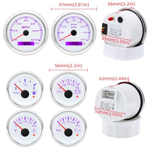 ARTILAURA 6 Gauge Set 3-3/8" 85mm GPS Speedometer, Tachometer, 2-1/16" Fuel Level, Water Temperature, Oil Pressure, Volt 7 Color AUTO Boat Gauges Kit for Marine Truck Car (White) - Image 2