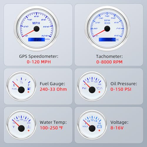 ARTILAURA 6 Gauge Set 3-3/8" 85mm GPS Speedometer, Tachometer, 2-1/16" Fuel Level, Water Temperature, Oil Pressure, Volt 7 Color AUTO Boat Gauges Kit for Marine Truck Car (White) - Image 3