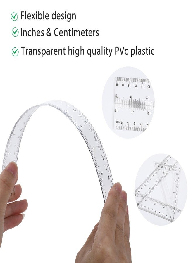 WY LIGHTING LEVEL مجموعة مساطر ومنقلة شفافة مكونة من 6 قطع، تتضمن مسطرة مستقيمة بطول 12 بوصة و6 بوصات للرسم، ومساطر مثلثات، ومجموعة منقلة، أداة هندسية رياضية، مناسبة للمدرسة والمكتب والمنزل، أداة قياس - Image 3