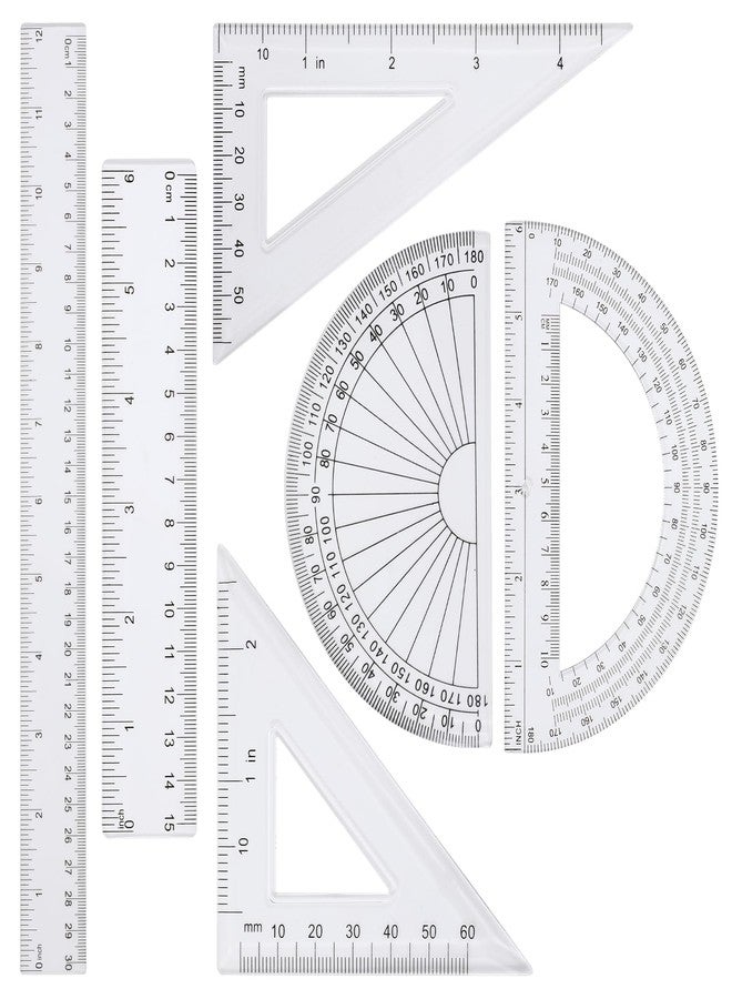 WY LIGHTING LEVEL مجموعة مساطر ومنقلة شفافة مكونة من 6 قطع، تتضمن مسطرة مستقيمة بطول 12 بوصة و6 بوصات للرسم، ومساطر مثلثات، ومجموعة منقلة، أداة هندسية رياضية، مناسبة للمدرسة والمكتب والمنزل، أداة قياس - Image 1