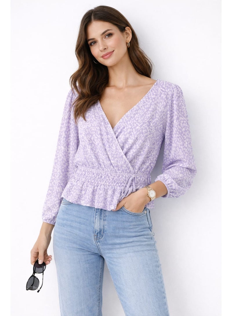 Don't Call Me Jennyfer Lavender Floral Wrap Top with Long Sleeves Blouse - Image 1