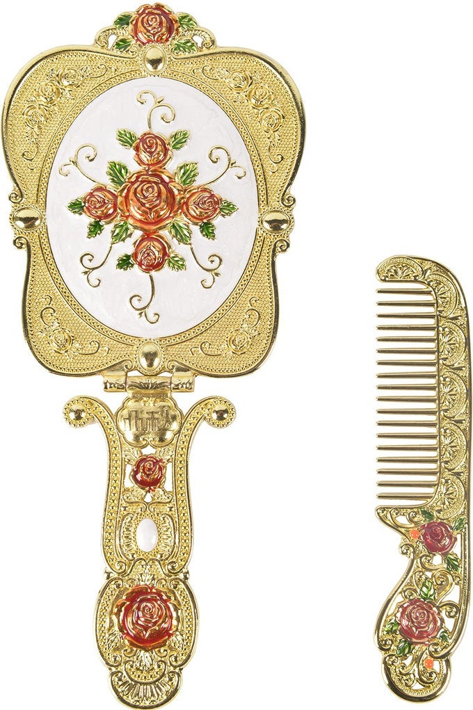 ANTIQUE MIRROR COMB SET VINTAGE METAL HANDHELD MAKEUP MIRROR WITH A COMB RUSSIAN STYLE EMBOSSED ROSE HAND MIRROR TRAVEL PORTABLE FOLDABLE MIRROR DECORATIVE TABLETOP STAND MIRROR GOLD1
