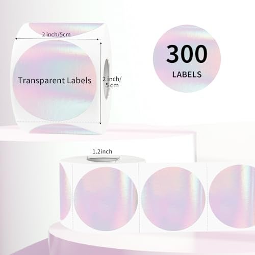 YEGAWEN 2" Round Transparent Thermal Label Stickers, Clear Direct Thermal Labels Holographic Pink, Perforation Line Design- 300 Sheets - Image 2