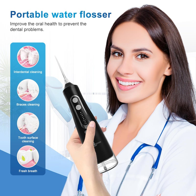 JNGOODS Cordless Water Dental Flosser Oral irrigator,JNGOODS 310ml Rechargeable Water flosser for Teeth IPX7 Waterproof 4 Modes Portable Irrigate with 4 Jet Tips,Travel Home use (Black) - Image 2