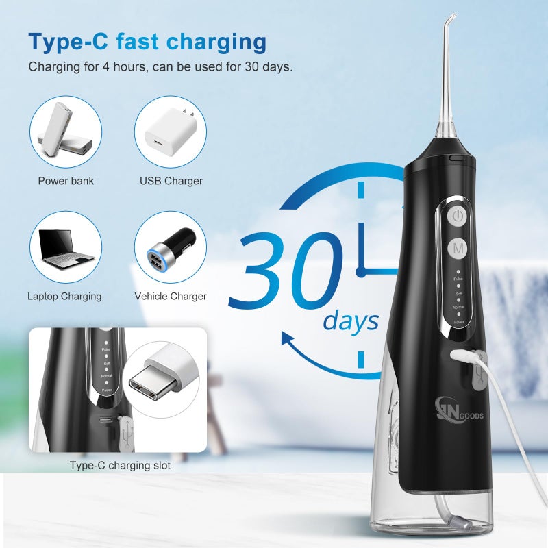 JNGOODS Cordless Water Dental Flosser Oral irrigator,JNGOODS 310ml Rechargeable Water flosser for Teeth IPX7 Waterproof 4 Modes Portable Irrigate with 4 Jet Tips,Travel Home use (Black) - Image 5