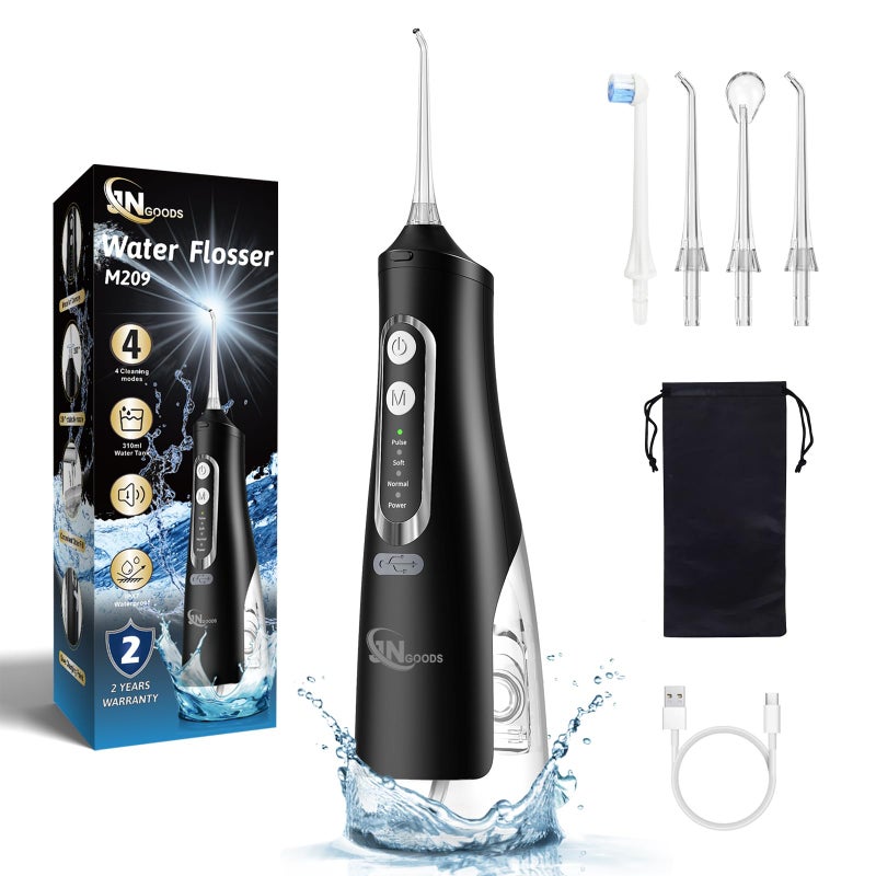 JNGOODS Cordless Water Dental Flosser Oral irrigator,JNGOODS 310ml Rechargeable Water flosser for Teeth IPX7 Waterproof 4 Modes Portable Irrigate with 4 Jet Tips,Travel Home use (Black) - Image 1