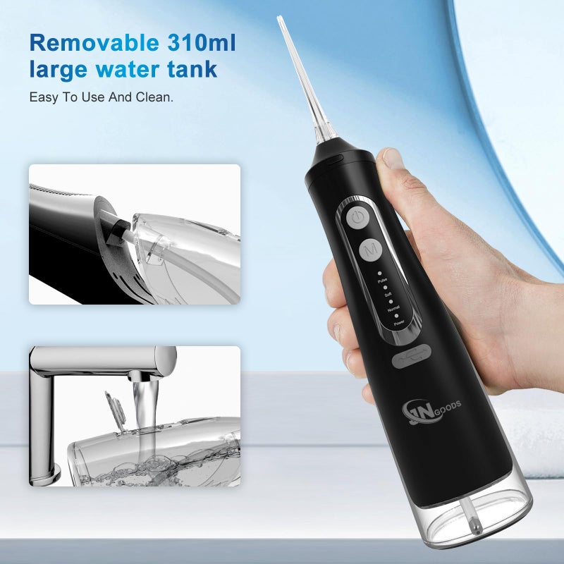 JNGOODS Cordless Water Dental Flosser Oral irrigator,JNGOODS 310ml Rechargeable Water flosser for Teeth IPX7 Waterproof 4 Modes Portable Irrigate with 4 Jet Tips,Travel Home use (Black) - Image 4