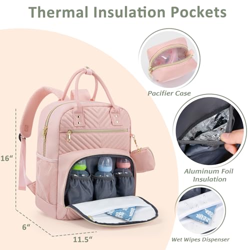 Pritent Diaper Bag Backpack,Baby Essentials Diapers Bag with Pacifier Case,Multipurpose Stylish Large Capacity Travel Backpack for Baby Girl/Boy(M-Pink) - Image 5