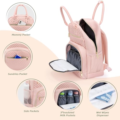 Pritent Diaper Bag Backpack,Baby Essentials Diapers Bag with Pacifier Case,Multipurpose Stylish Large Capacity Travel Backpack for Baby Girl/Boy(M-Pink) - Image 3