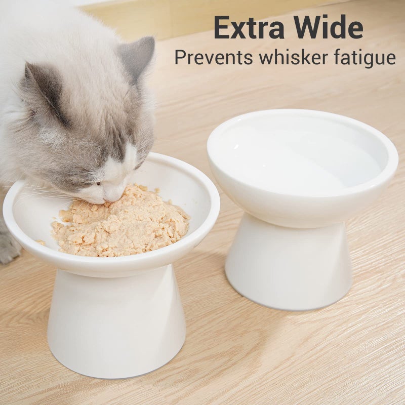 CEEFU 2 Elevated Ceramic Cat Bowls Extra Wide for Food & Water â€“ Whisker Fatigue Shallow Food Dish, Lead & Cadmium-Free, Raised Height for Cats and Dogs, Two Different Depth Bowls, White - Image 2