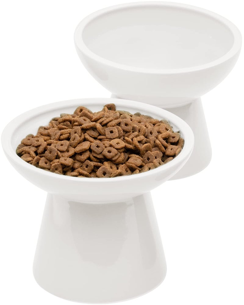 CEEFU 2 Elevated Ceramic Cat Bowls Extra Wide for Food & Water â€“ Whisker Fatigue Shallow Food Dish, Lead & Cadmium-Free, Raised Height for Cats and Dogs, Two Different Depth Bowls, White - Image 1