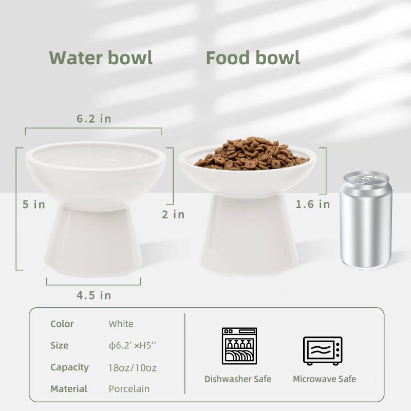 CEEFU 2 Elevated Ceramic Cat Bowls Extra Wide for Food & Water â€“ Whisker Fatigue Shallow Food Dish, Lead & Cadmium-Free, Raised Height for Cats and Dogs, Two Different Depth Bowls, White - Image 3