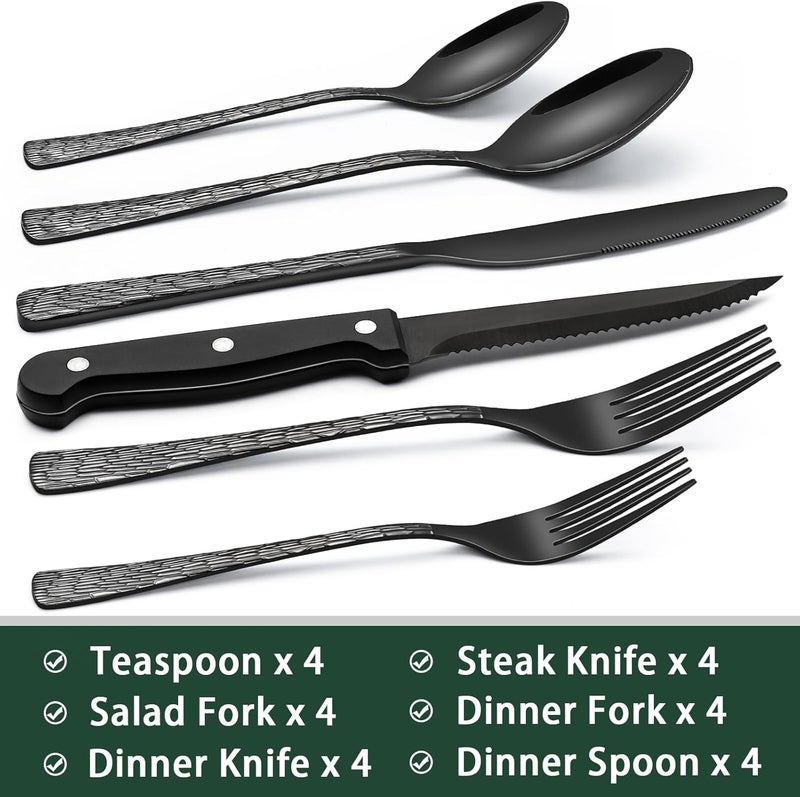 EWFEN Black Hammered Silverware Set With Steak Knives, 24-Piece Stainless Steel Tree Pattern Flatware for 4, Food-Grade Tableware Cutlery, Utensil Set for Home Restaurant, Mirror Finish - Image 2
