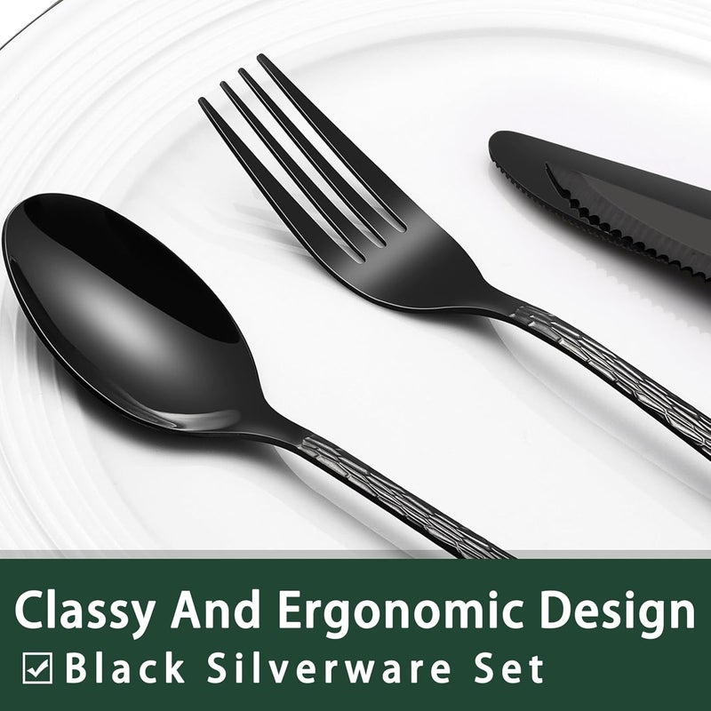 EWFEN Black Hammered Silverware Set With Steak Knives, 24-Piece Stainless Steel Tree Pattern Flatware for 4, Food-Grade Tableware Cutlery, Utensil Set for Home Restaurant, Mirror Finish - Image 3