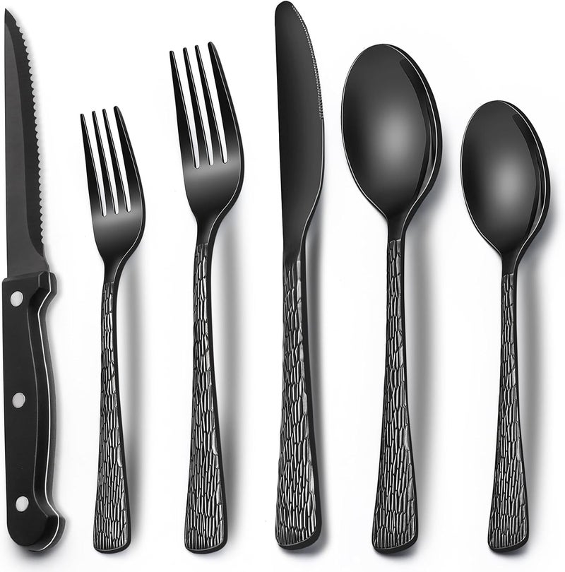EWFEN Black Hammered Silverware Set With Steak Knives, 24-Piece Stainless Steel Tree Pattern Flatware for 4, Food-Grade Tableware Cutlery, Utensil Set for Home Restaurant, Mirror Finish - Image 1