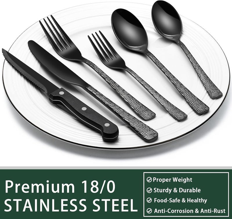 EWFEN Black Hammered Silverware Set With Steak Knives, 24-Piece Stainless Steel Tree Pattern Flatware for 4, Food-Grade Tableware Cutlery, Utensil Set for Home Restaurant, Mirror Finish - Image 5