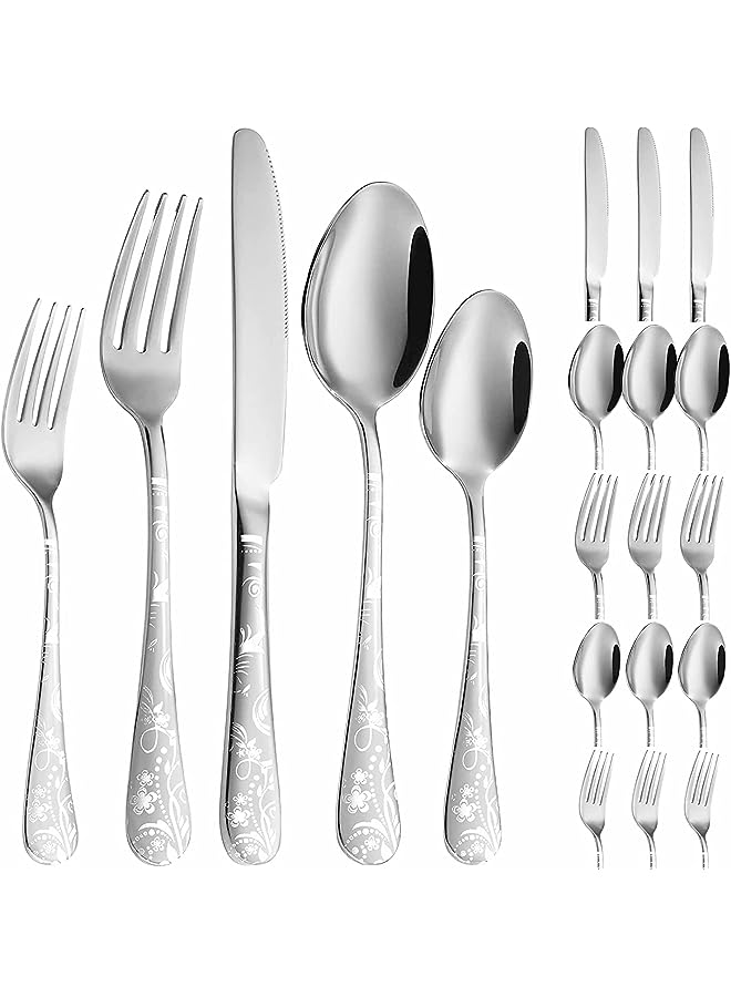 PROMASS Silverware Set, Stainless Steel Flatware Cutlery Set Includes Forks Knives Spoons, Unique Pattern Design Kitchen utensils set for Home Restaurant Hotel, Dishwasher Safe, 20 Pieces (Silver) - Image 1