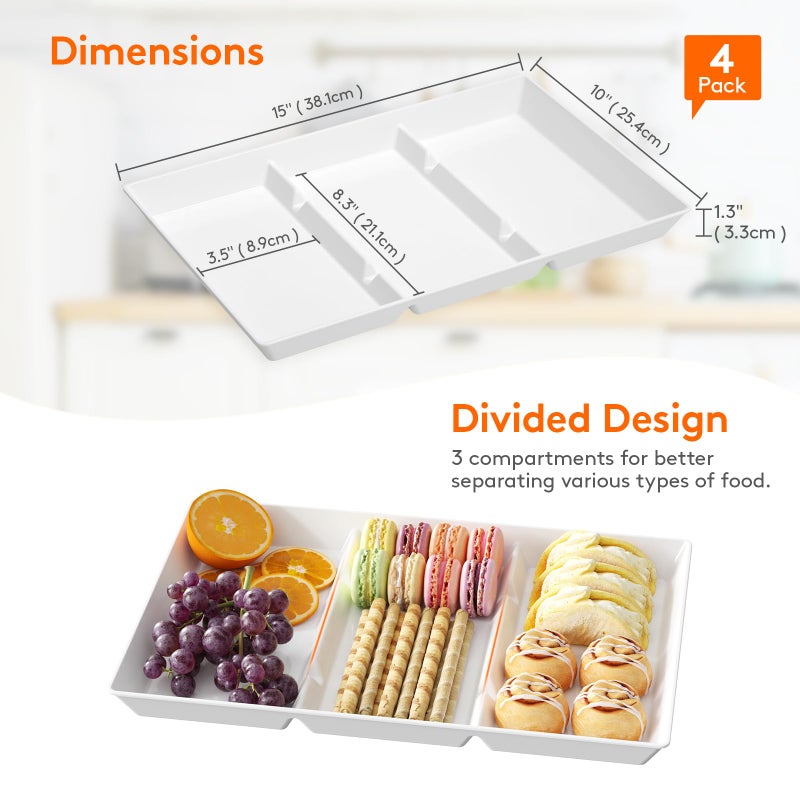Lifewit Serving Tray Divided for Party Supplies, 4 PCS 15" x 10" Plastic Platters for Serving Food, White Reusable Tray for Veggie, Snack, Fruit, Cookies, Desserts in Kitchen/Pantry - Image 3