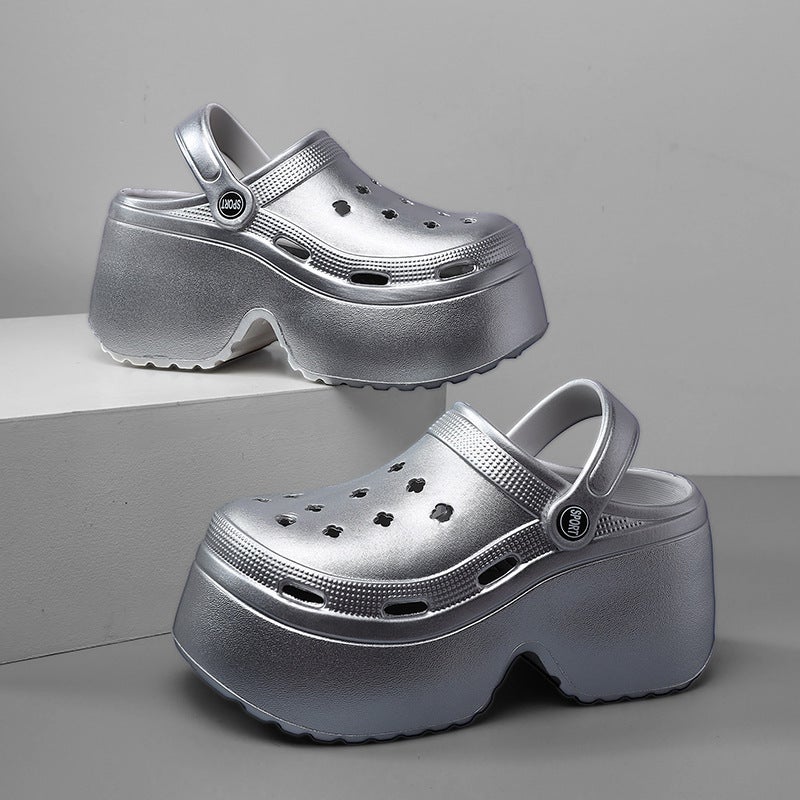 Leopard Print 9CM Thick Sole Womens Garden Clogs Summer Slip-On Silver - Image 1