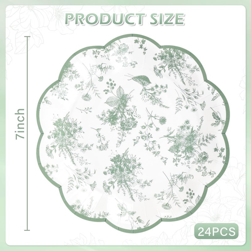Elyxio 24Pcs Sage Green Floral Party Plates 7" Vintage Floral Leaf Disposable Paper Plates Wildflower Toile Small Scalloped Dessert Plate for Spring Easter Birthday Bridal Tea Party Supplies - Image 2