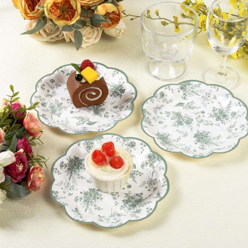 Elyxio 24Pcs Sage Green Floral Party Plates 7" Vintage Floral Leaf Disposable Paper Plates Wildflower Toile Small Scalloped Dessert Plate for Spring Easter Birthday Bridal Tea Party Supplies - Image 4