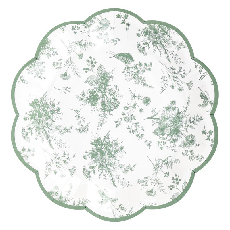 Elyxio 24Pcs Sage Green Floral Party Plates 7" Vintage Floral Leaf Disposable Paper Plates Wildflower Toile Small Scalloped Dessert Plate for Spring Easter Birthday Bridal Tea Party Supplies - Image 1
