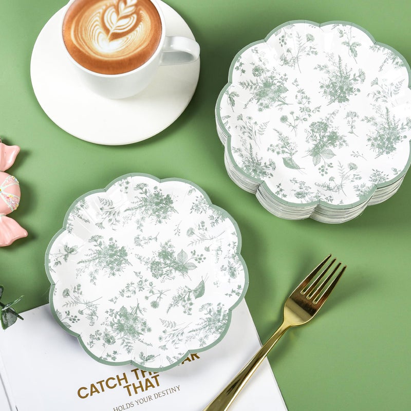Elyxio 24Pcs Sage Green Floral Party Plates 7" Vintage Floral Leaf Disposable Paper Plates Wildflower Toile Small Scalloped Dessert Plate for Spring Easter Birthday Bridal Tea Party Supplies - Image 3